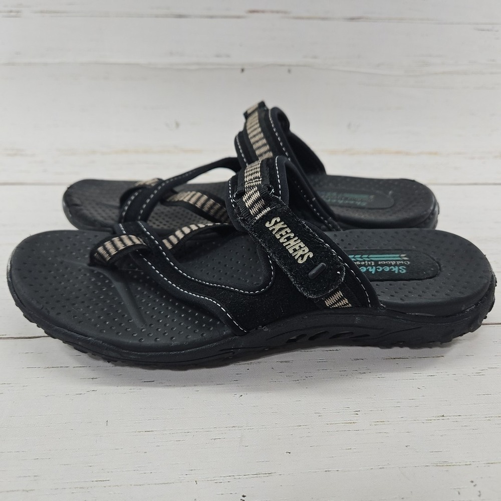 Skechers Reggae Rasta Women 8 Black Tan Flip Flop Thong Sandals Slip On Comfort - Picture 4 of 10